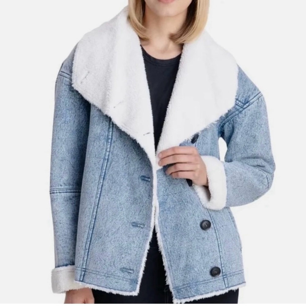 LUCKY BRAND white Serpa fleece Lined Light Blue Denim Jacket Size S